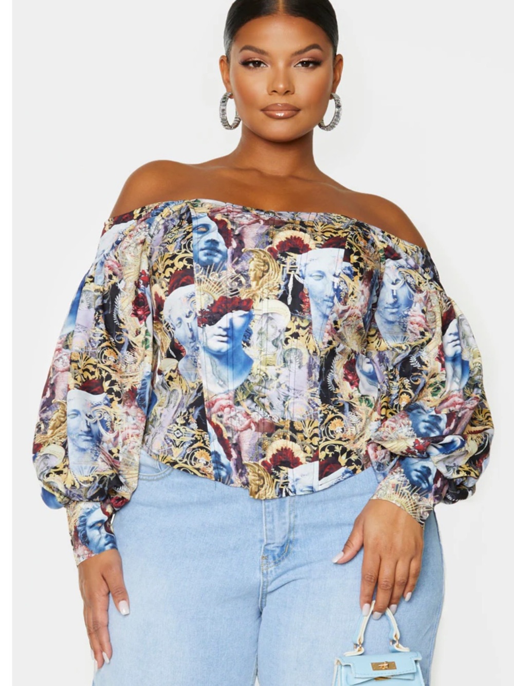 Off-Shoulder Renaissance Print Blouse in Multicolor